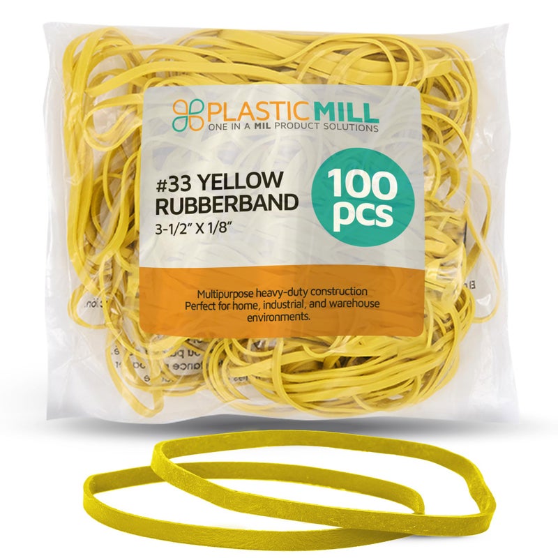PlasticMill Plastic Mill Rubber Bands Thick Size #33 | Yellow Durable RubberBands 100 Count /pack | 3 1/2 x 1/8" Multi-Purpose Band | Elastics large Long Rubber for Office Supply, File Folders, box, Books, gifts, Notebook| - Image 1